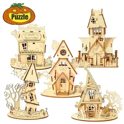 URY New 3D Wooden Puzzle Halloween Holiday Gift Ghost Tree House DIY Model Assembly Craft Kits Desk Decoration For Kids