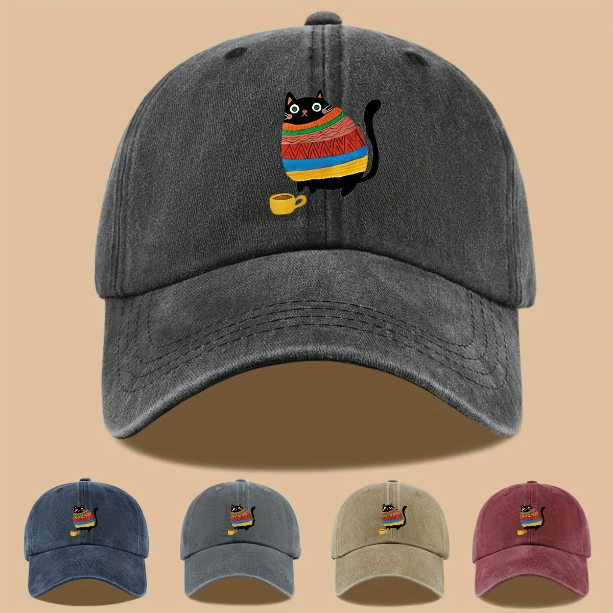 

Легкая и дышащая, эта бейсболка с принтом кошки — винтажная бейсболка с эффектом потертости и регулируемым ремешком — идеальный выбор.