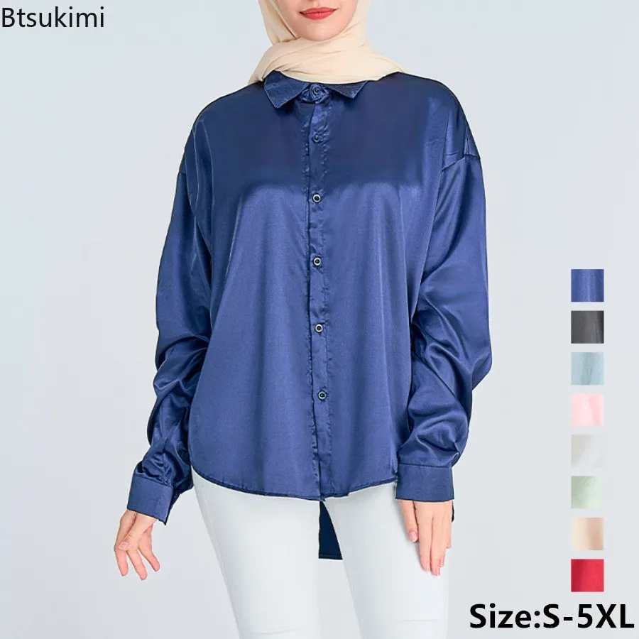 

2024 New Satin Shirt for Women Muslim Blouses Loose Oversized Long Sleeve Silk Tops Elegant Women Clothing Office Lady OL Shirts