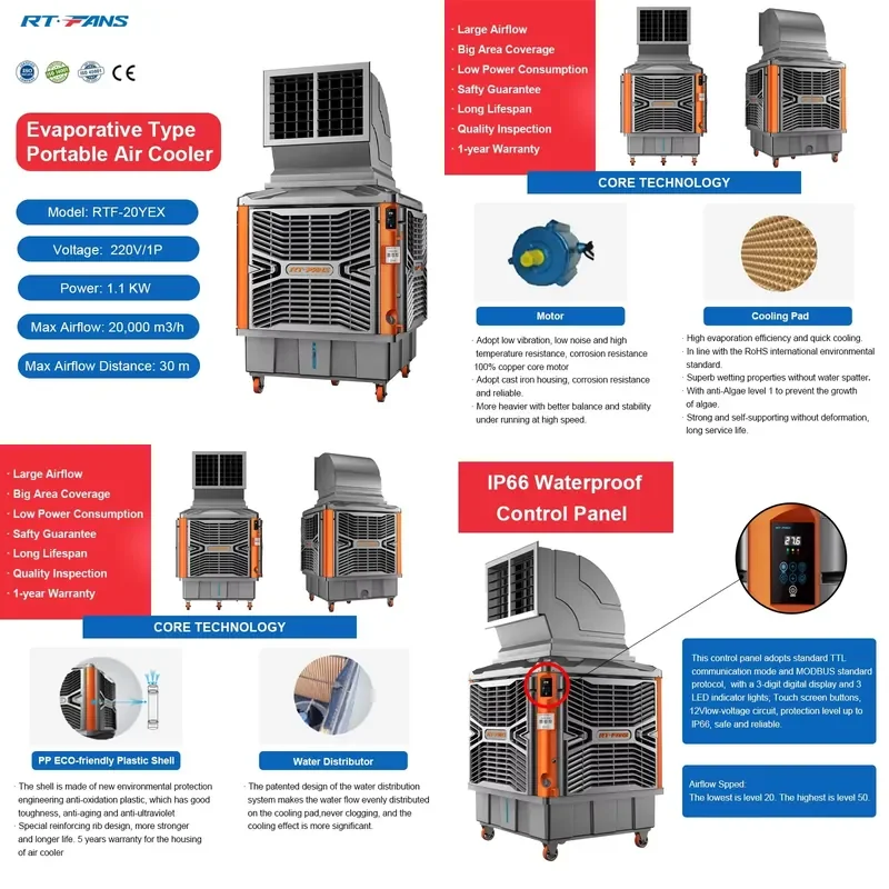 

Commercial Industrial Evaporative Portable Air Coolers IP66 Waterproof Indoor and Outdoor with Core Motor Component