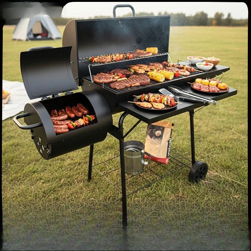 Extended version Large double barrel mother and child smoked barbecue grill Charcoal barbecue grill Outdoor