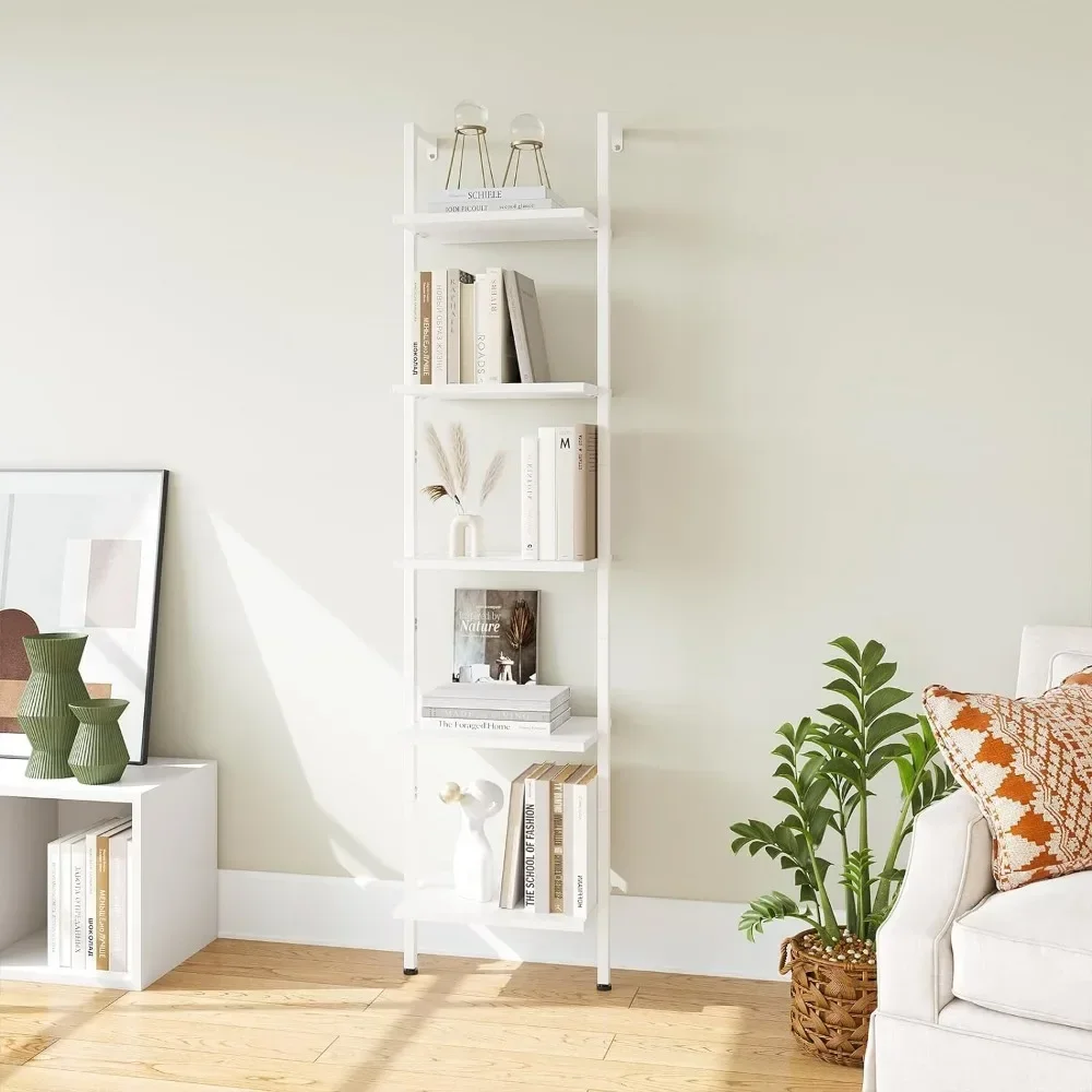 

Y ELYKEN Ladder Shelf, White 5-Tier Wood Wall Mounted Bookshelf with Metal Frame, Modern Open Display Organizer Rack, Leaning