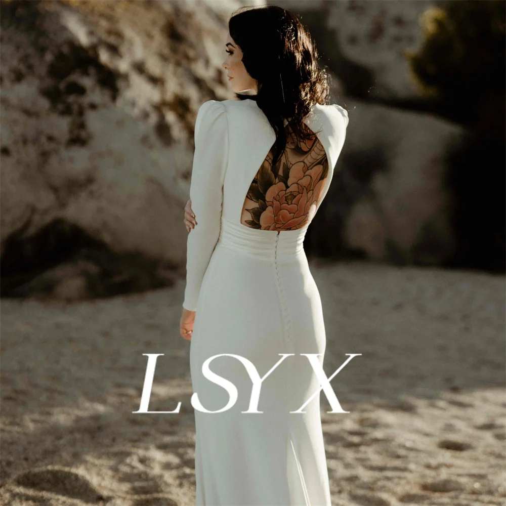 LSYX Sample Deep V-Neck Long Puff Sleeves Crepe Mermaid Wedding Dress For Women Open Back Cut Out Bridal Gown Custom Made