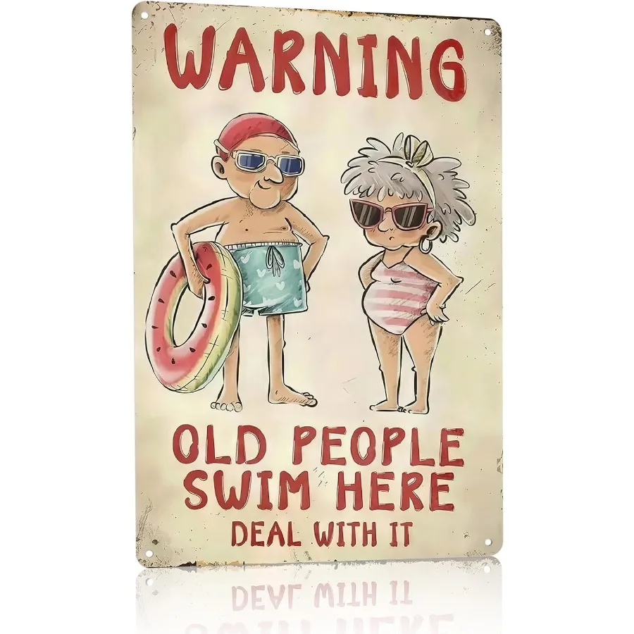 Divertido letrero de Metal para piscina, personas mayores nadadas aquí, decoración de pared rústica Vintage para piscina, Patio, letrero humorístico para exteriores con diseño Retro y