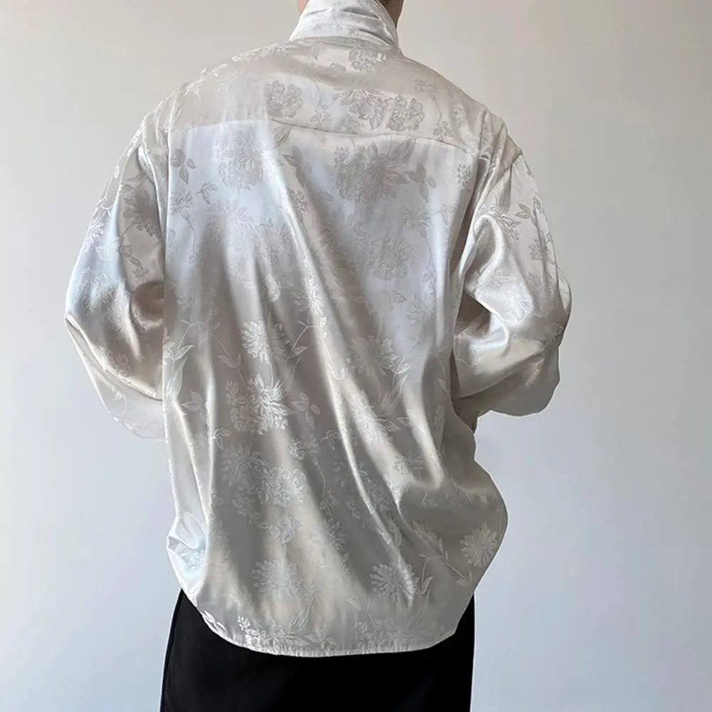 Men Satin Jacquard High-Collar Pleated Front Blouse with Floral Pattern Shirt