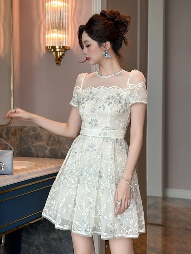 Vrouwen Kleding Zilverachtige Heldere Zijde Bloemen Korte Jurk Elegante Sexy Off-Shoulder Slanke A-lijn Mini Vestidos Zoete Formele Party prom