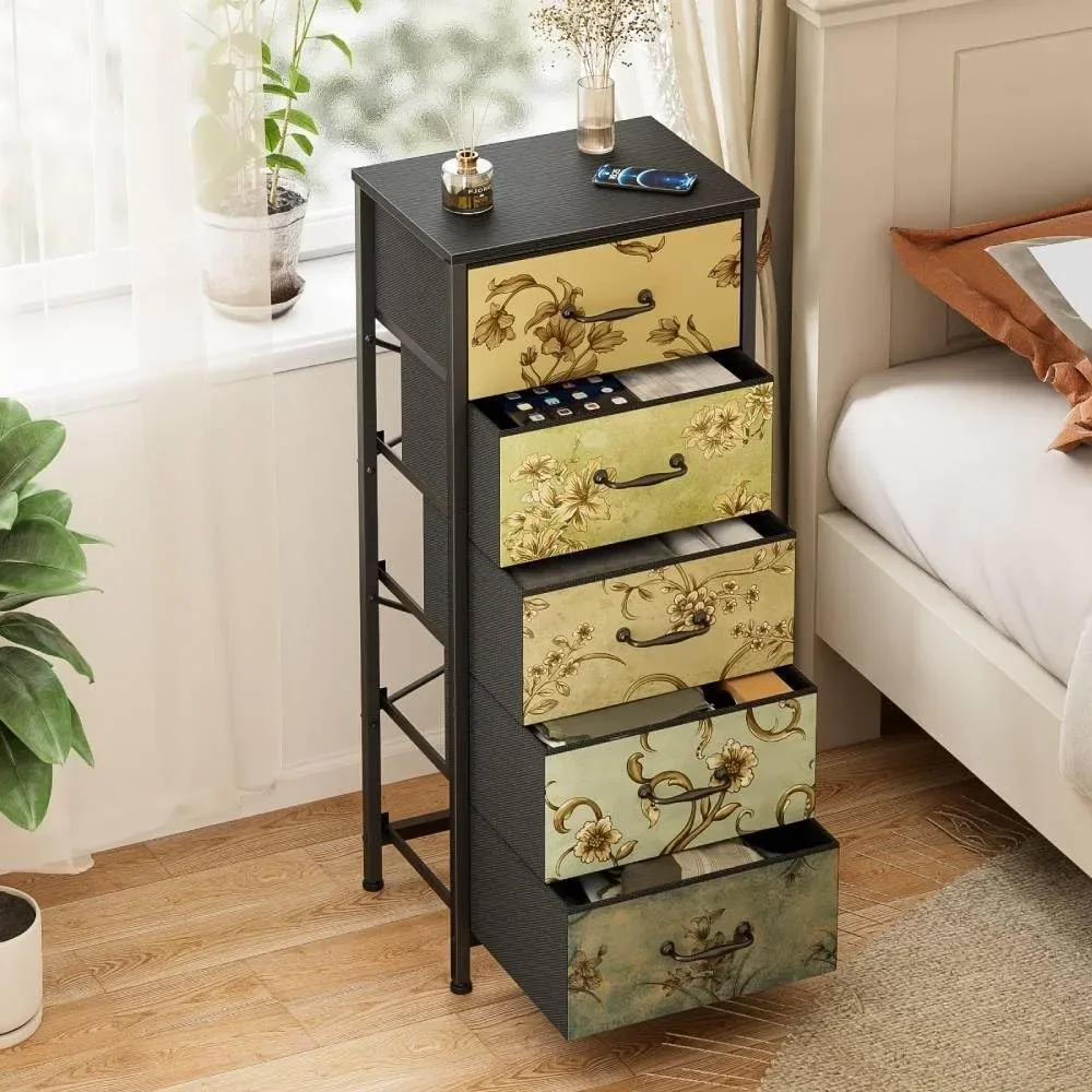 Stylish Tall Skinny Storage Tower with 5 Fabric Drawers - Perfect Dresser for Bedroom, Living Room, and Dorm