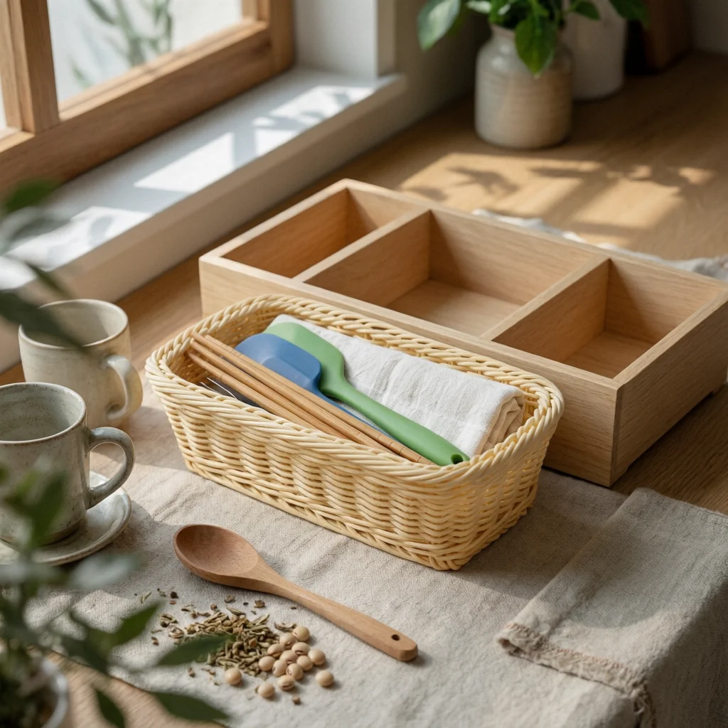 

Rectangular Rattan Basket Shallow Utensil Basket Household Organizer Breathable Decorative for Kitchen