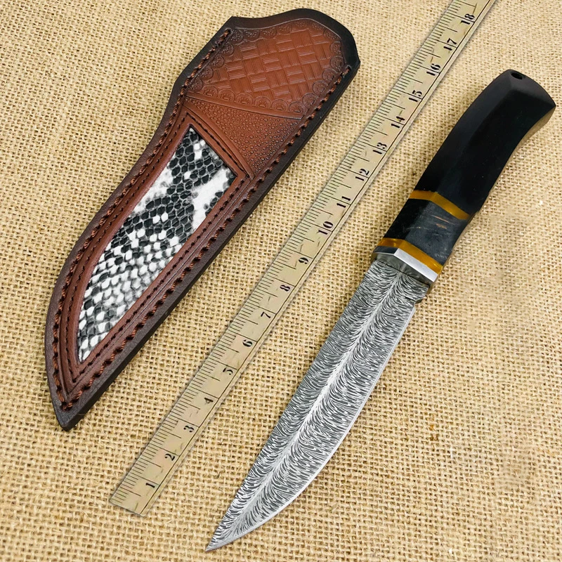 Jueying Feather Pattern Small Straight Knife High Hardness Damascus Steel Outdoor Camping Self Defense Sharp Survival Knife Coll