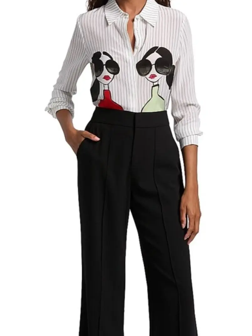 

Women's Striped 100% Silk Shirt Fashion Print Turn-down Collar Long Sleeve Single Breasted Casual Ladies Blouse