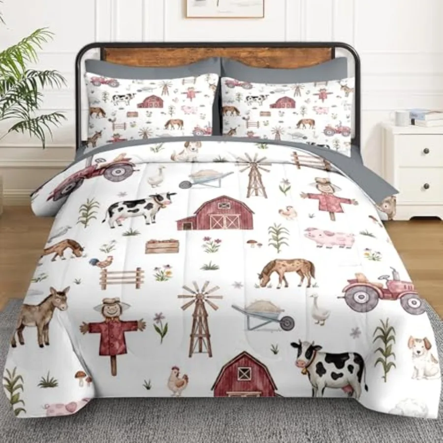 7 Pcs Size Comforter Set with 2 Pillowcases and 2 Shams House Bedding for and Adults Village Tree Horse Bed in a Bag with Flat