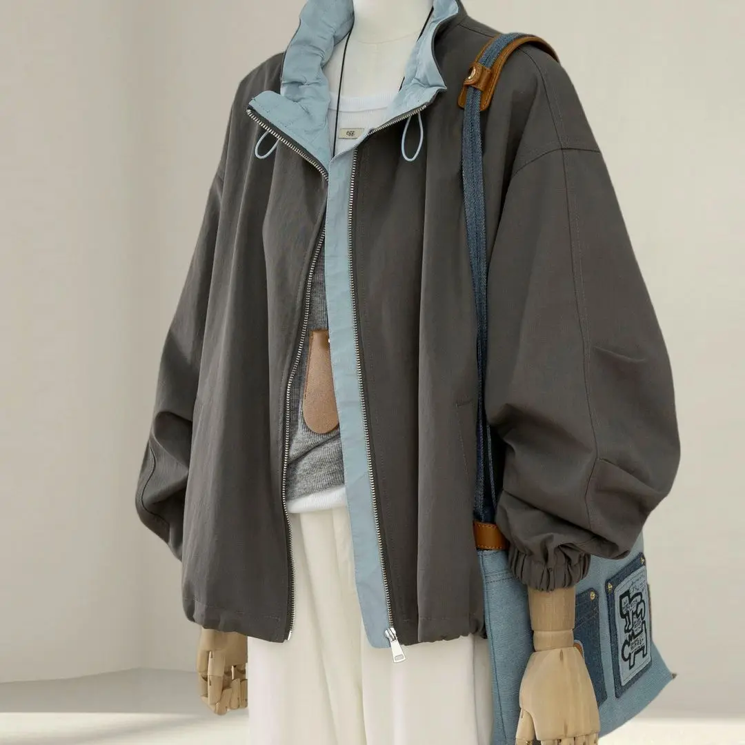 Women's Gray Two-Tone Jacket, Oversized Zip-Up Windbreaker with Light Blue Lining, Casual Outerwear for Spring & Fall