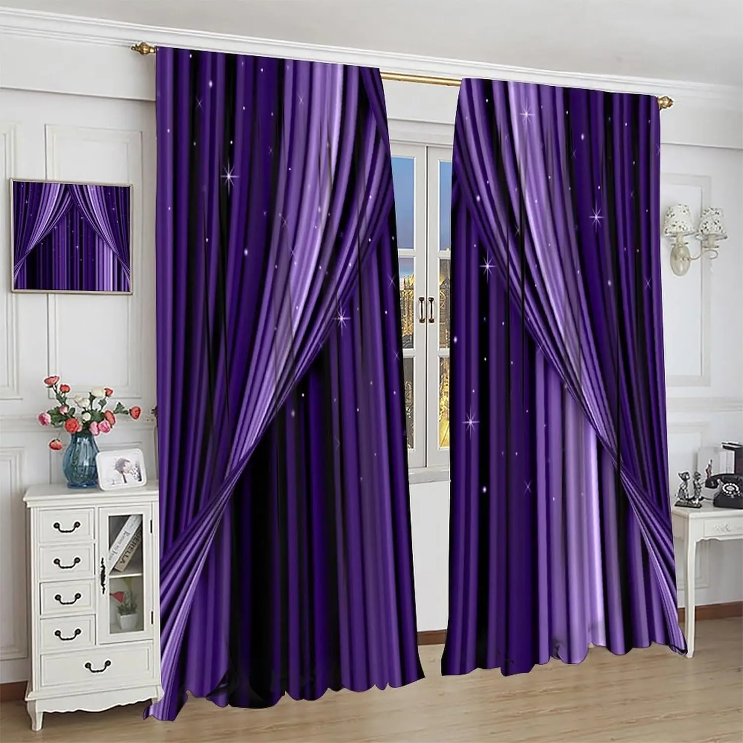 Abstract Gradient Blackout Curtains, Purple and Black Geometric Boho Pattern, Minimalist Design, Modern Abstract Living Room