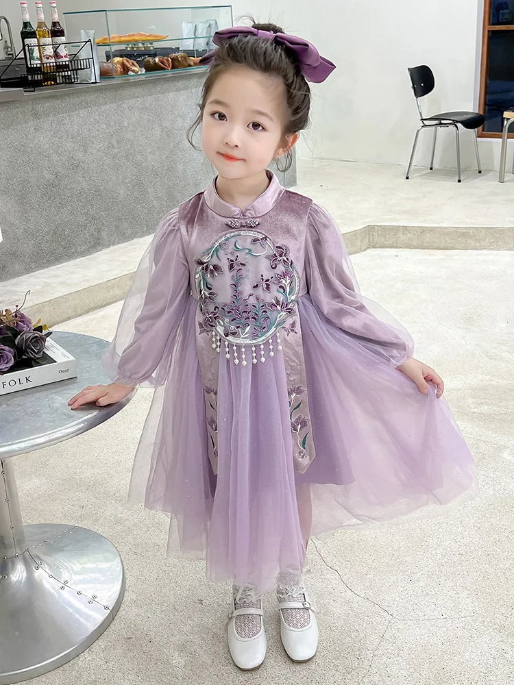 

2024Spring and Autumn New Girls Dress Western Style Chinese Style Fall Wear Long Sleeves Princess Skirt