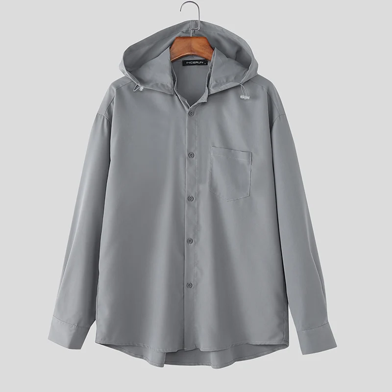 

INCERUN Men Shirt Solid Color Hooded Long Sleeve Button Male Tops Streetwear Loose 2026 Korean Style Fashion Casual Men Clothing