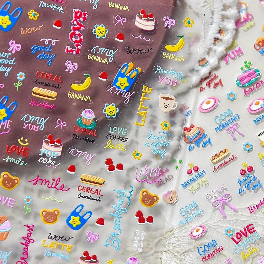 

Food Fruit Bowknot Cake Baguette Latte Coffee Banana Cherry Bear Doughnut Bread Nail Art Decorations Stickers Manicure Decals