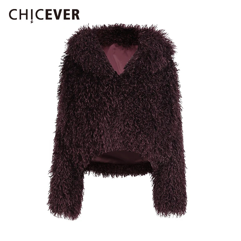 

CHICEVER Winered Spliced Fur Jacket Female V Neck Long Sleeve Loose Streetwear Casual Women's Jackets Autumn Fashion New Style