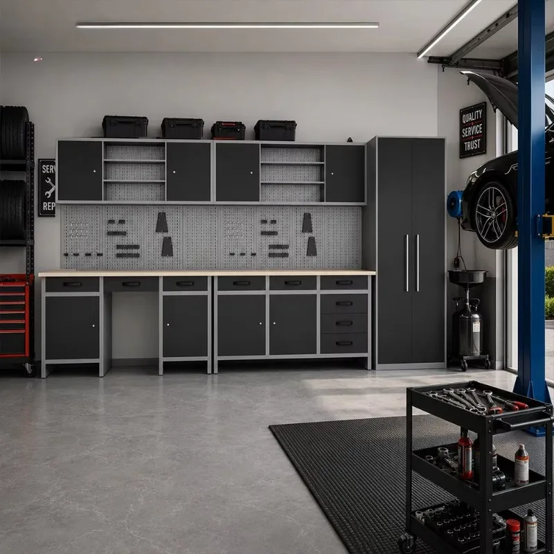 Industrial Steel Garage Storage Cabinet Set Modular Workshop Workbench With Mobile Tool Trolley and Pegboard Wall Unit
