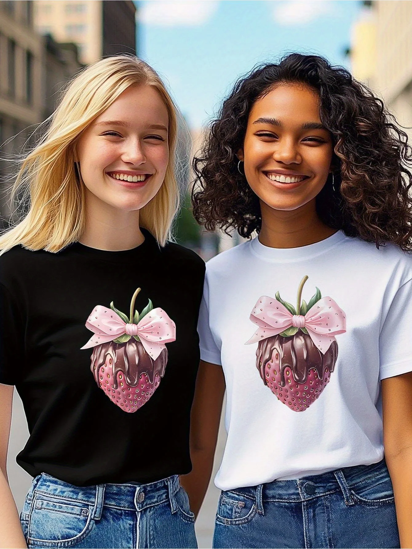 

Season Casual Perfect Mother's Easter Playful Design Shirt Women's Sleeve Strawberry Graphic with Pink Design Aesthetic Clothes