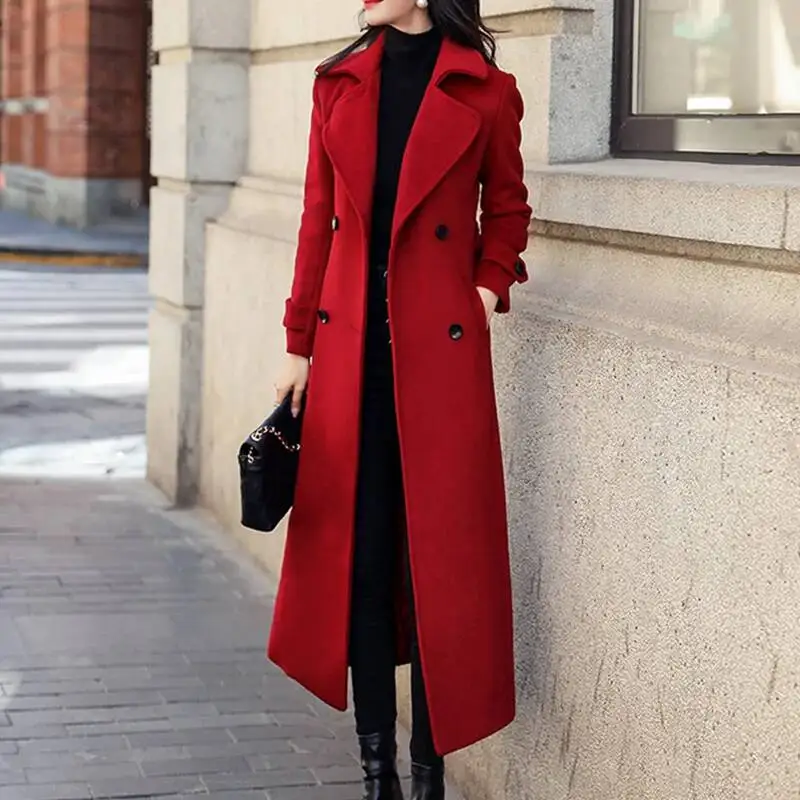 

Winter Women's Coat Woolen Long Trench Outerwears Double-Breasted Coats Belt Lapel Warm Streetwear Temperament Tops Jacket S-3XL