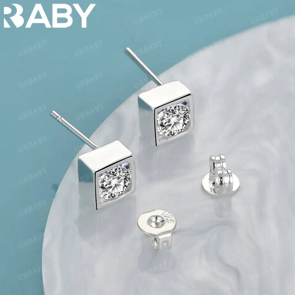 

URBABY 925 Sterling Silver Zircon Block Stud Earrings For Women Fashion Jewelry Charm Party Wedding Anniversary Accessories