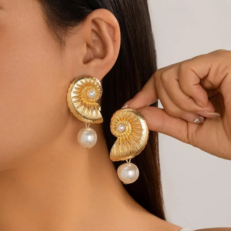 2Pcs Trendy Simulated Pearl Conch Earrings Ocean Geometry Pattern for Women Night Party Wear Jewelry Gifts