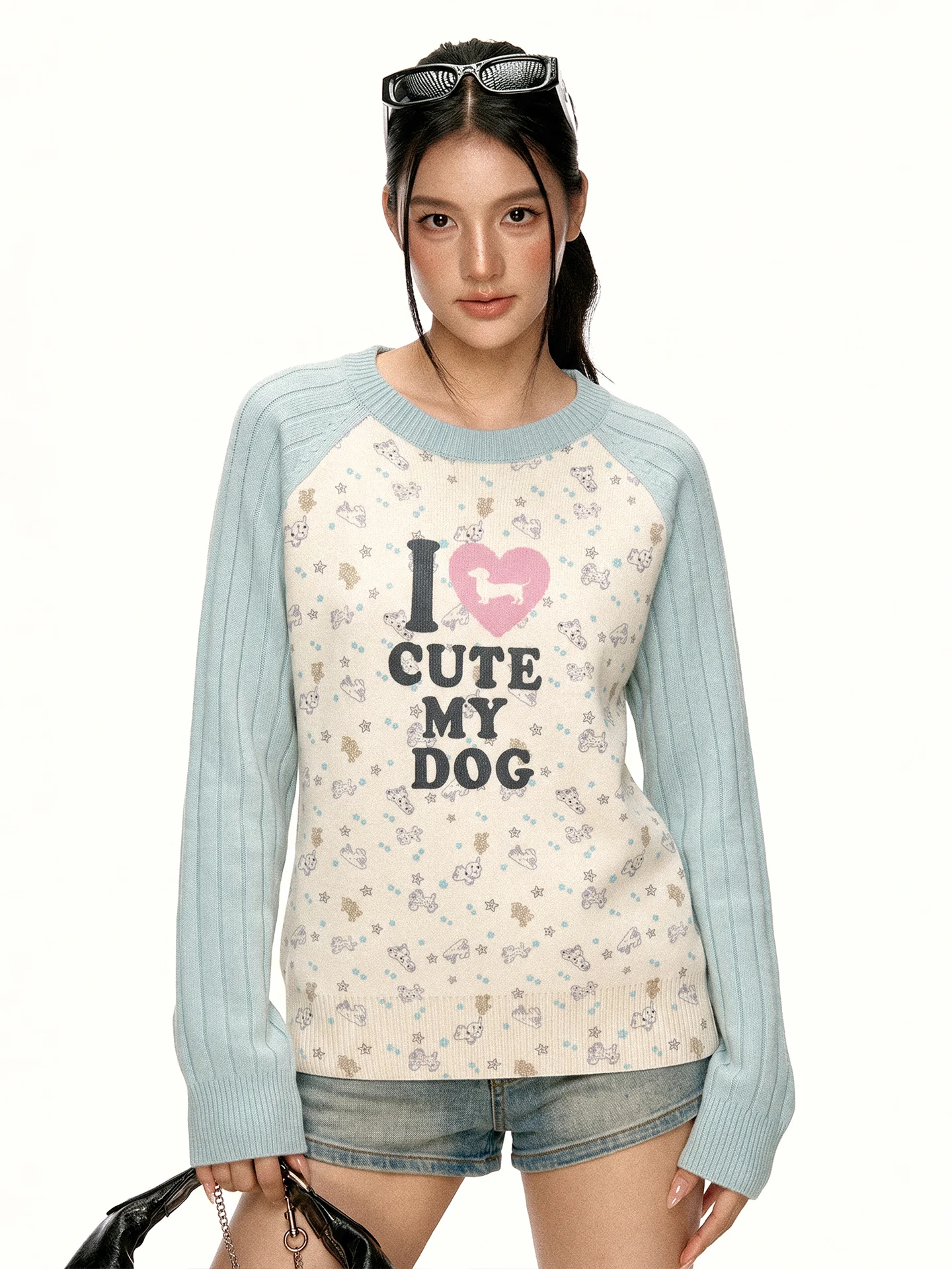 Aaisup Cute Cartoon Dog Print Knitted Long Sleeve T-Shirt Women's Autumn Design Color Block Base Top Casual Loose Fit round Neck