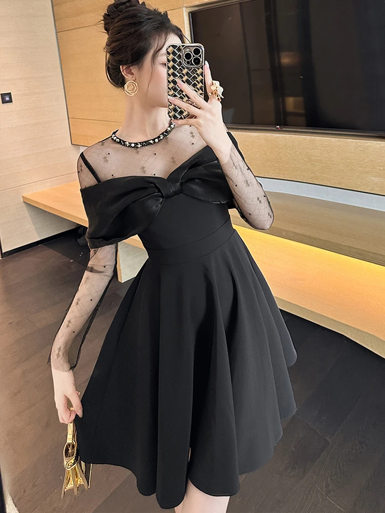 Women Clothes Black Sheer Sexy Long Sleeve Bow Slim Short Dress Luxury Elegant Ladies Evening Party Club Birthday Vestidos New