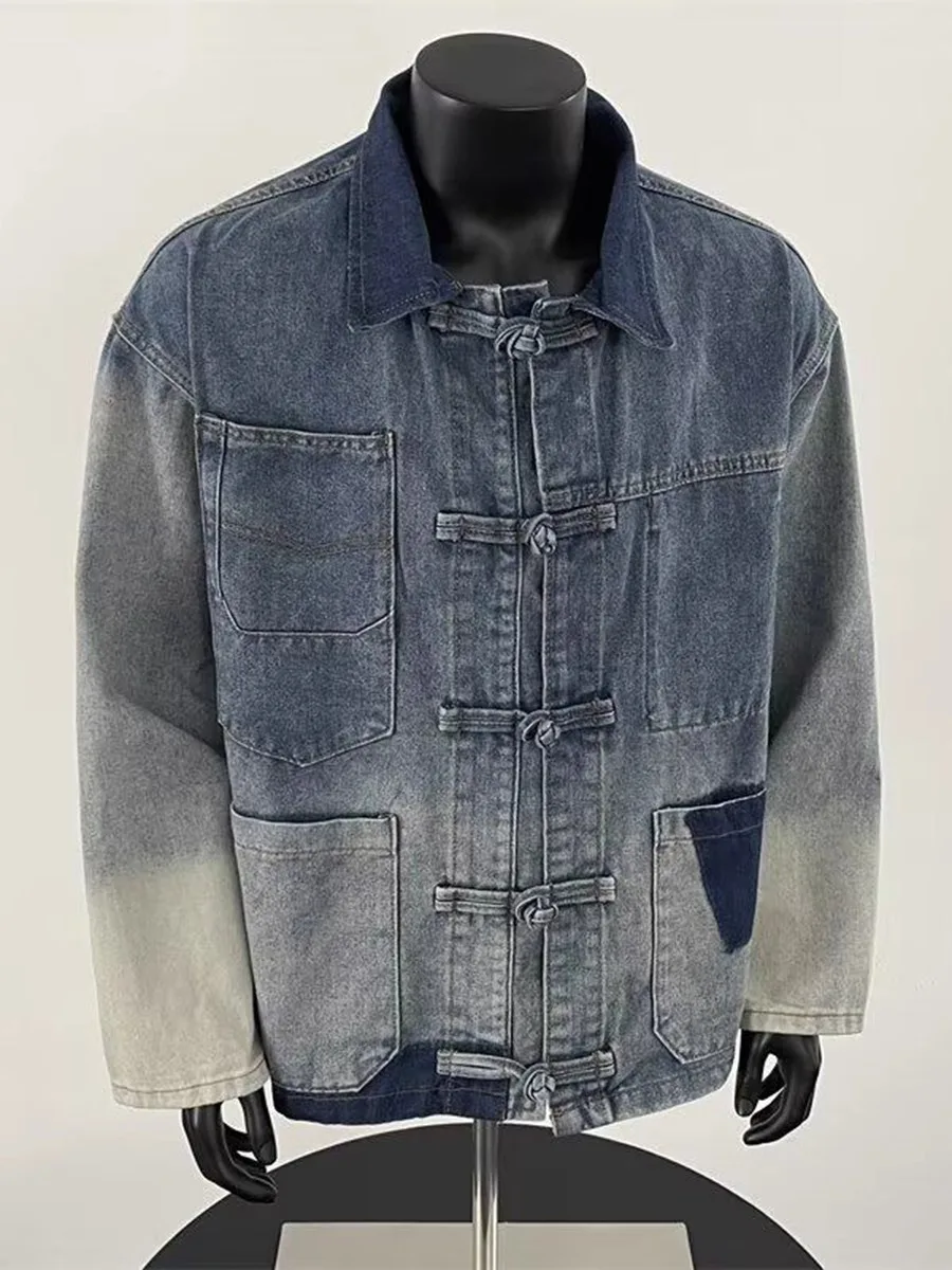 New Chinese Sle Blue Waed Denim Jaet Men's Spring Autumn American Retro Cleanfit Jaet Trendy Button Design Casual Coat