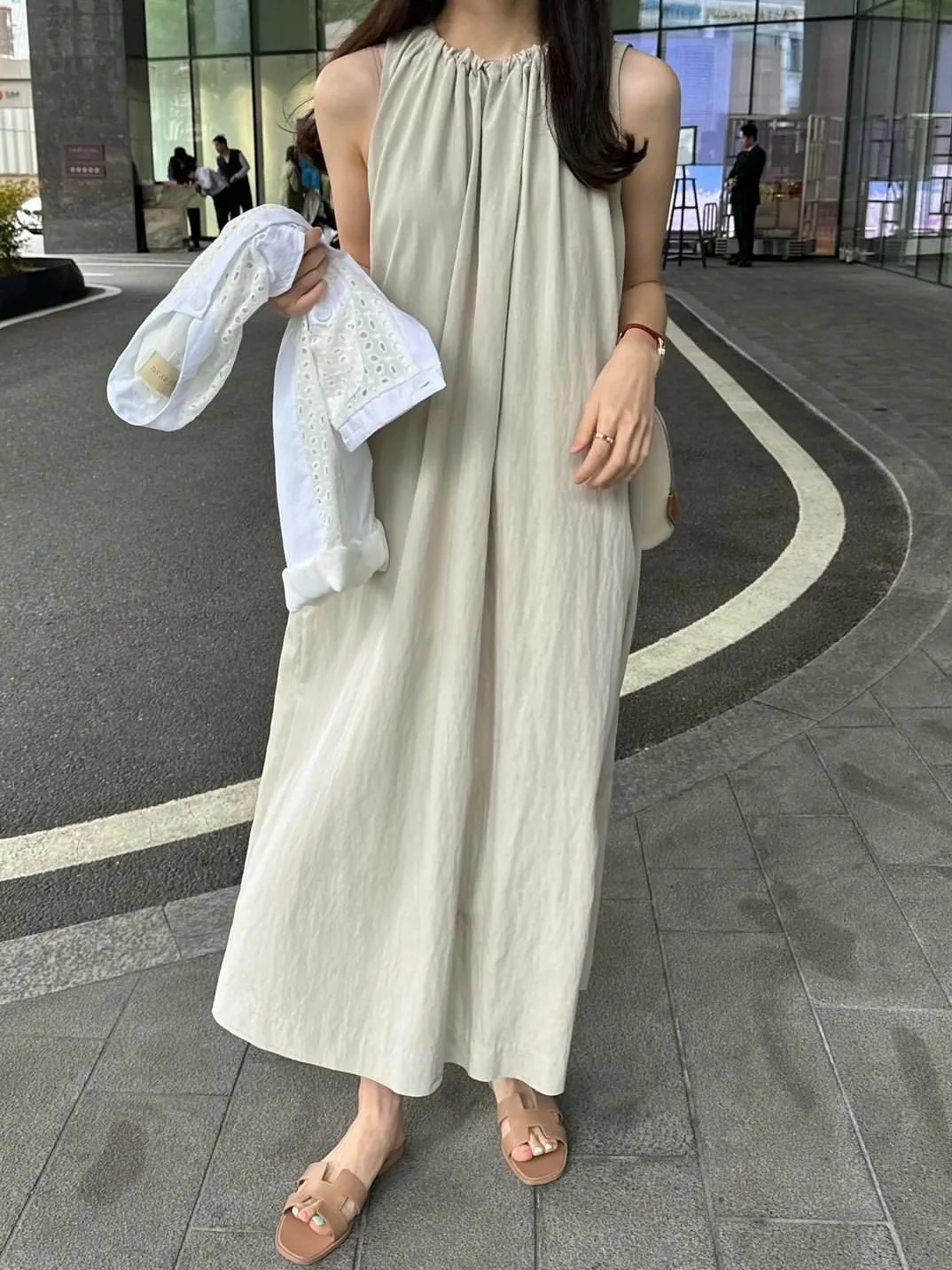 Chic Summer Lazy Sle rotondo Ne Vita pieghettata Design Allentato Casual Svel Vest Dr Donna Faion Primavera Autunno