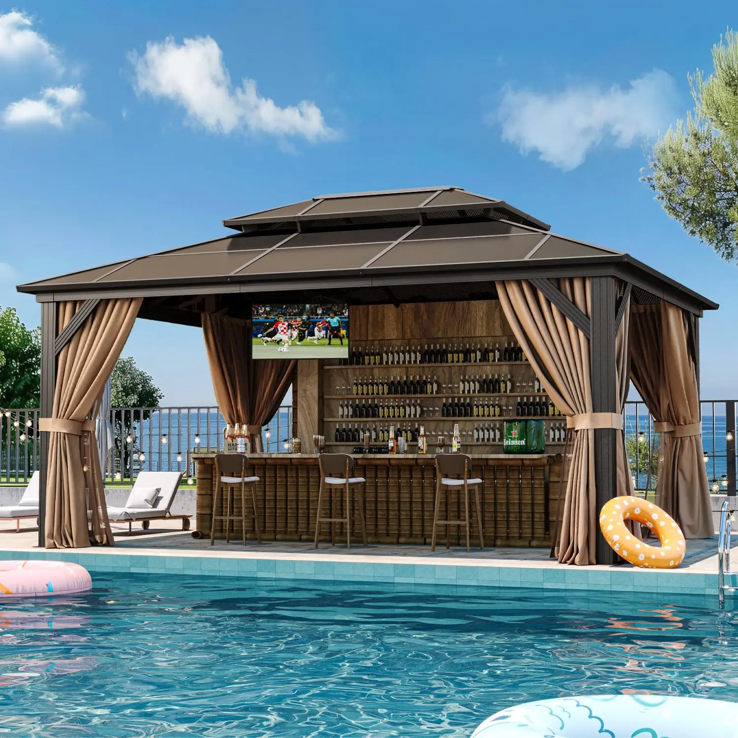 

12x16 Hardtop Gazebo Polycarbonate Double Roof Metal Frame Curtains & Netting Sunshade Garden Patio Lawn, Customized
