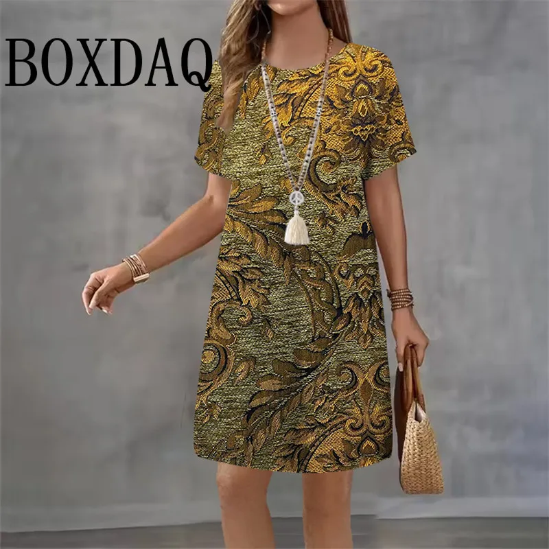 Vestidos cortos con estampado de flores azules para mujer, moda 2021, vestido holgado de manga corta con estampado 3D, vestido informal de playa acampanado