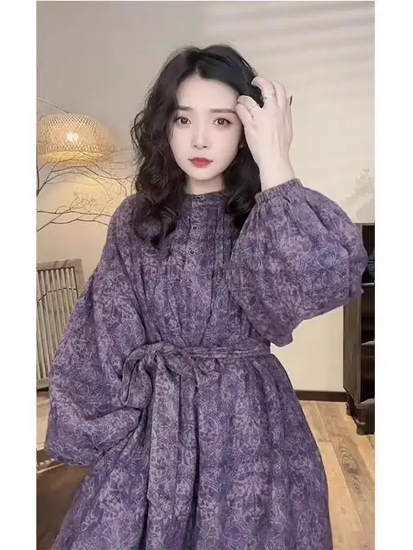

plus Size 300 Pounds Vintage Long Sleeve Purple Dress Women's Autumn Winter Loose A-Line Waist Cinched Long Dress