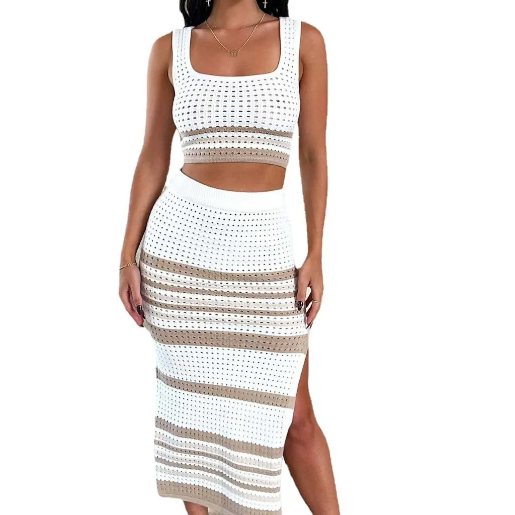 European And American Women's Summer Sleeveless Vest And Split Striped Skirt Knitted Suit Sexy Casual Ensemble
