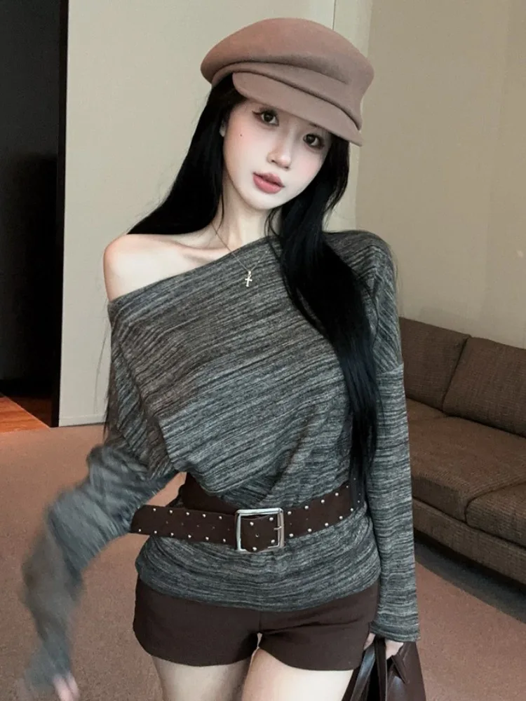 

Retro Korean Style Shoulder Bared Spicy Women's Top with Belt Waist Cinching Slimming Fashionable Trendy Base Layer Shirt