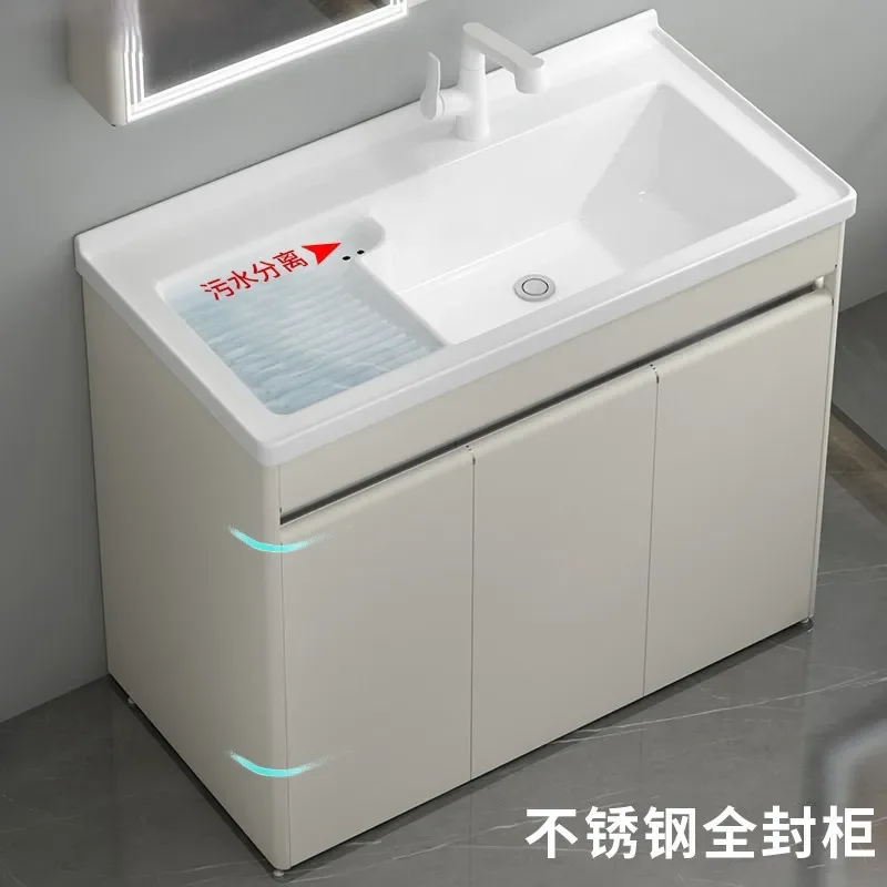 For 304 Stainless Steel Wash Basin Cabinet Balcony Laundry Pool Integrated Ceramic Sink with Rubbing Board Durable Space
