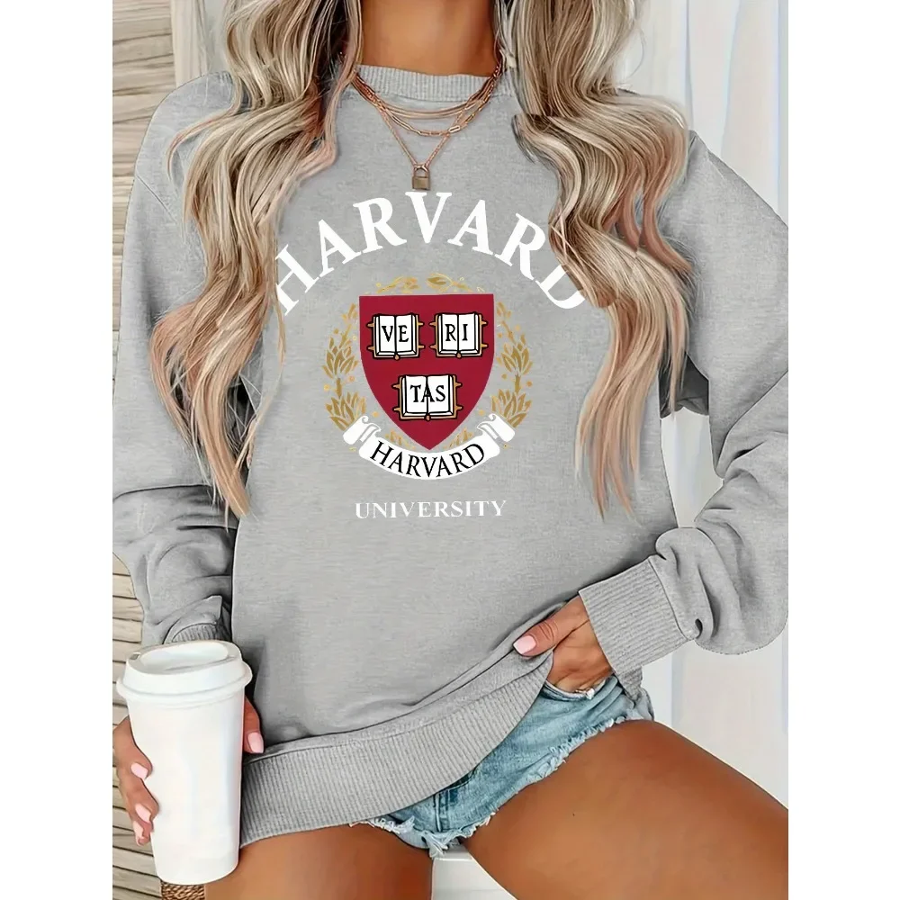 Women's hoodie Harvard Logo printed crewneck Sweatshirt Elegant style polyester knit fabric lapel all season stretch sweatshirt