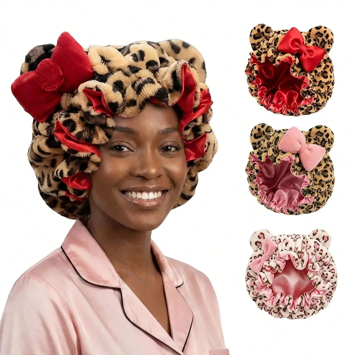 Leopard Print Teddy Plush Hair Bonnet with Big Bow, Satin Lined Soft Fluffy Night Sleep Cap, Adjustable Bear Ear Hair Wrap