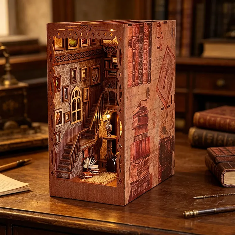 

Zuuton Scholar's Dream Vintage Library Book Nook DIY Wooden 3D Puzzle Miniature Study Kit With LED Light Bookshelf Insert Decor