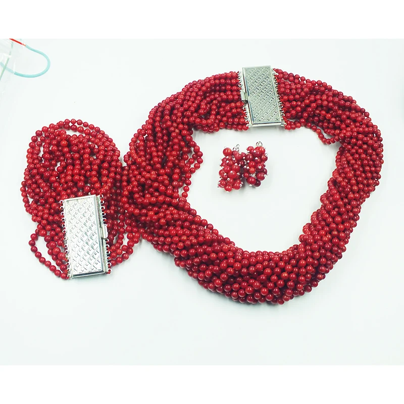 Luxury bridal wedding set 4MM natural red coral 20 strands necklace /13 strands bracelet, earrings. Necklace 56CM  bracelet 22CM