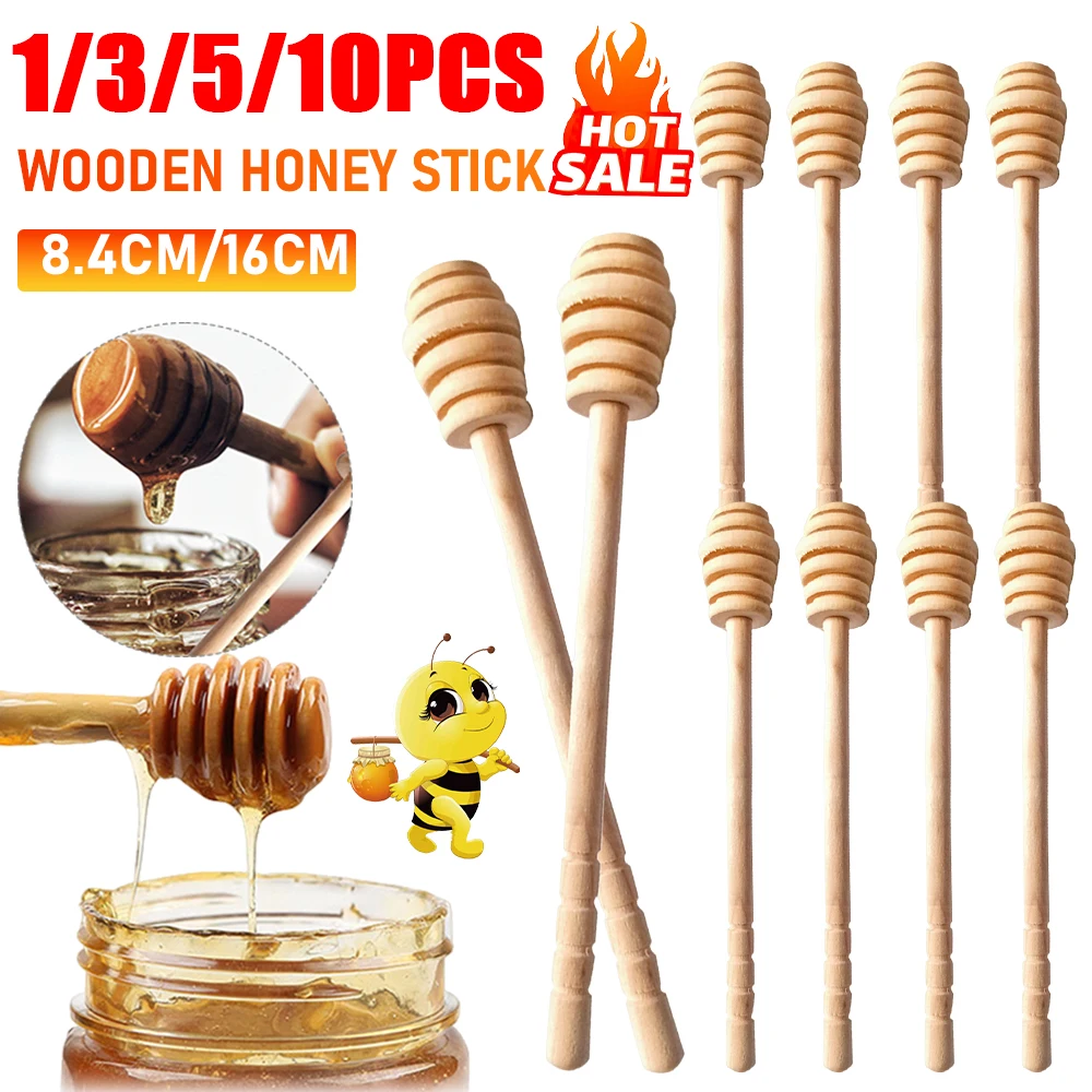 1-10PCS Honey Dipper Stick Long Handle Wood Honey Mixer Stir Practical Bar Spoon 8.4cm/16cm Honey Mixing Stick Kitchen Tools