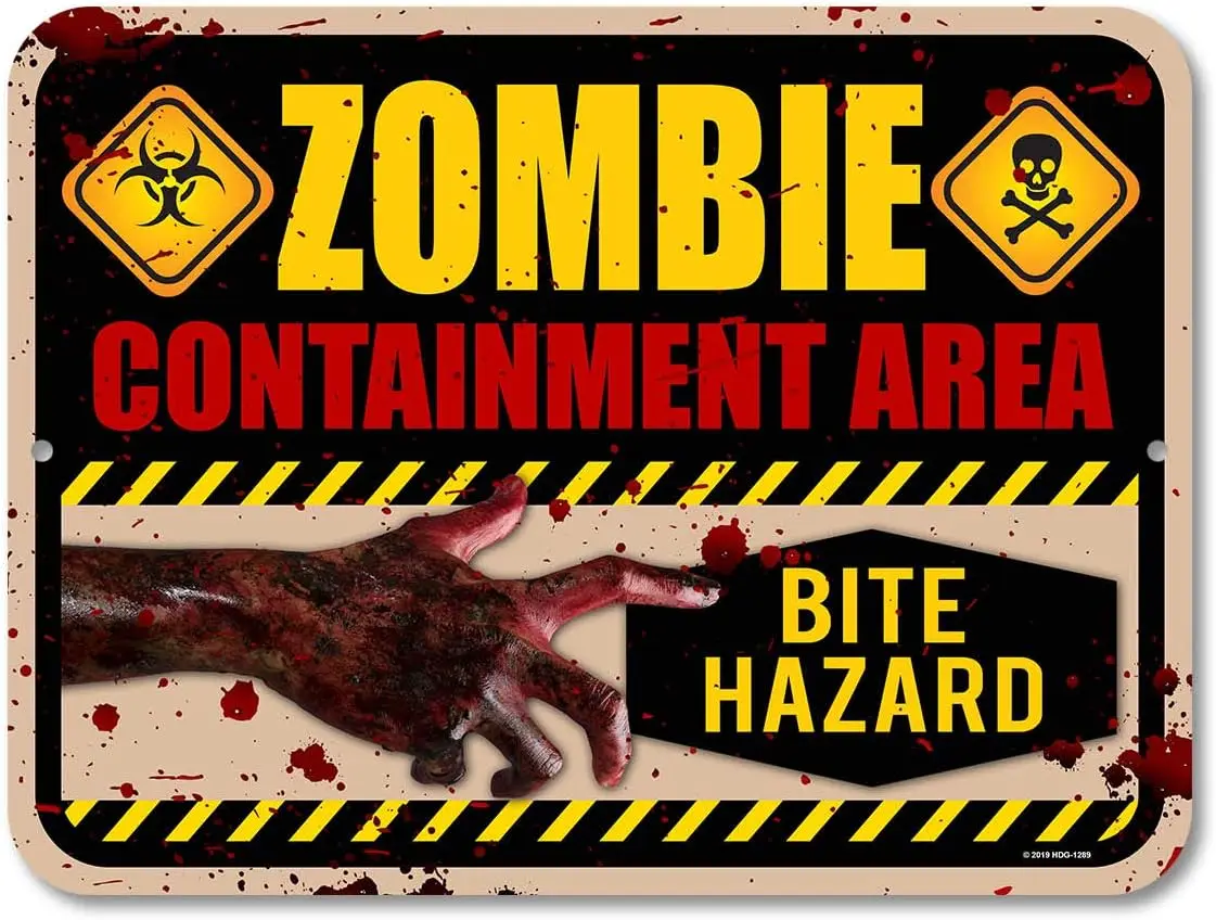 Honey Dew Gifts Halloween Decorations, Zombie Containment Area Bite Hazard 9 inch by 12 Inch Metal Funny Home Decor, Made in USA