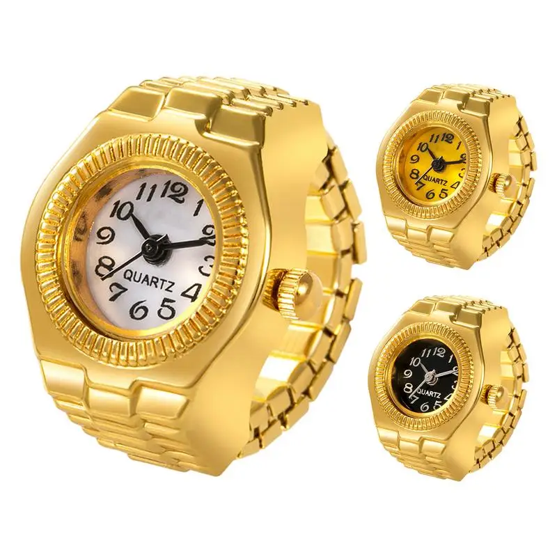 Simple Golden Finger Watch Mini Elastic Strap Alloy Watches Couple Rings Jewelry Clock Retro Roman Quartz Watch Ring Women Girls