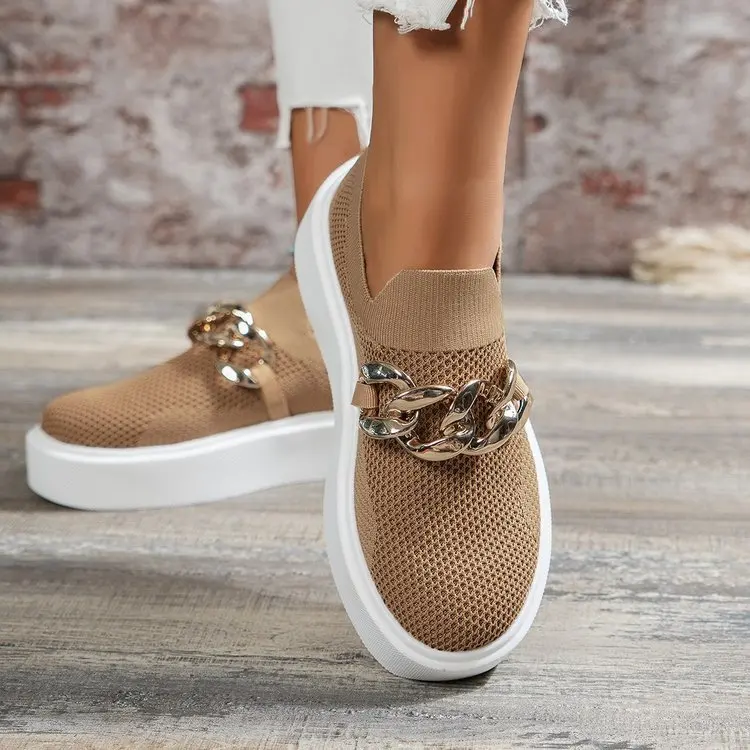 

European /American Thick-soled Fly-woven Breathable Low-top Single Shoes Women's Chain Decorative Foot Cover Lazy Loafers
