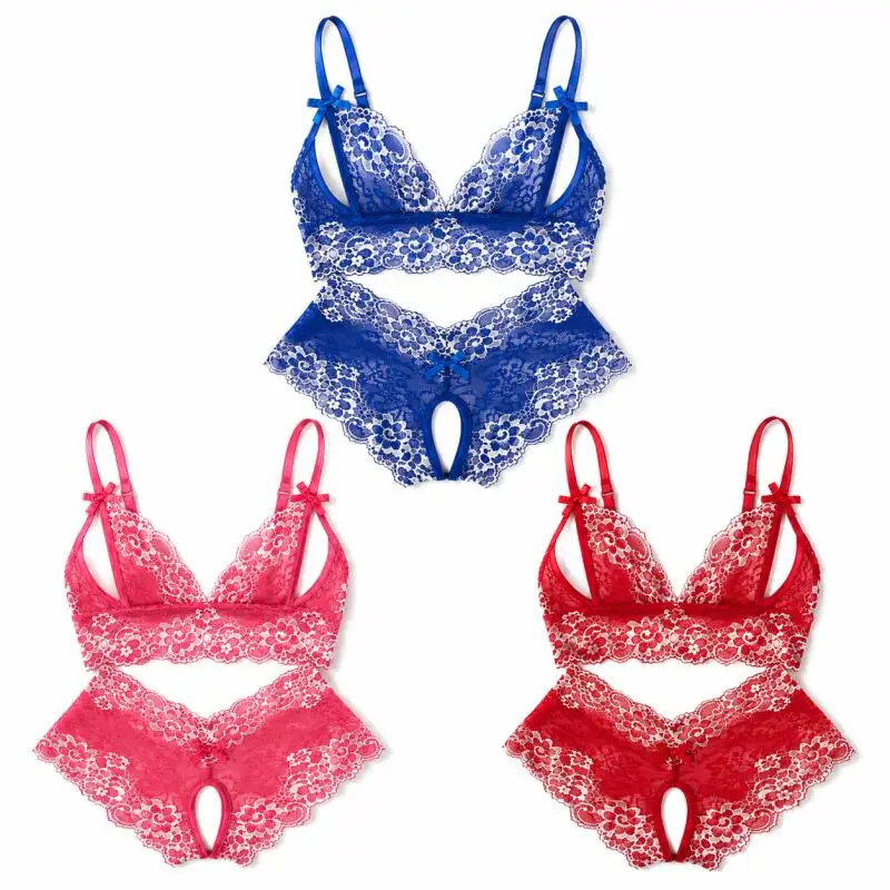 Women Sexy Lingerie Set Floral Lace Bra Panty Suit Two Piece Bow Cut Out Lingerie Sheer Lingerie Nightwear Intimate Sleepwear
