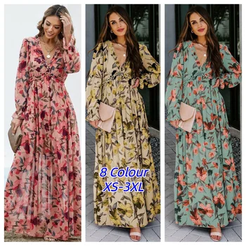 Elegant Floral Print Women Summer Casual Ruffle Layered Long Sleeved V-neck A Line Long Maxi Party Loose Boho Dresses