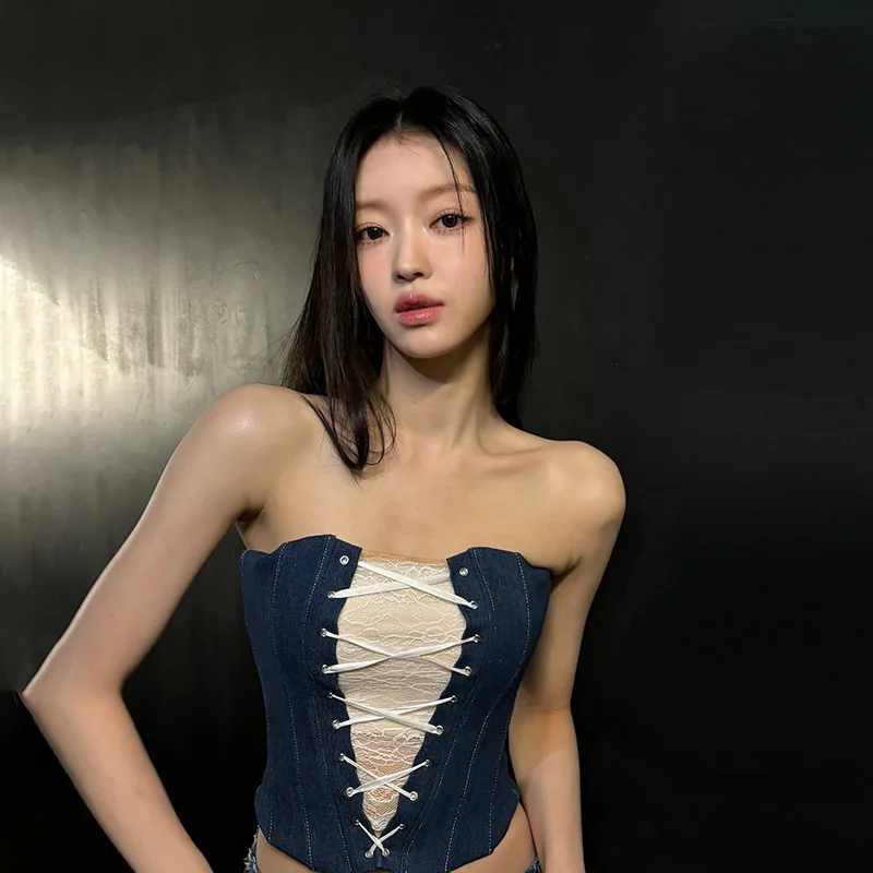 

Cross-Border Sle Lace Trim Belted Slim Fit Denim Dr Women's Faionable Spring Autumn Season Knitted Thin Fabric