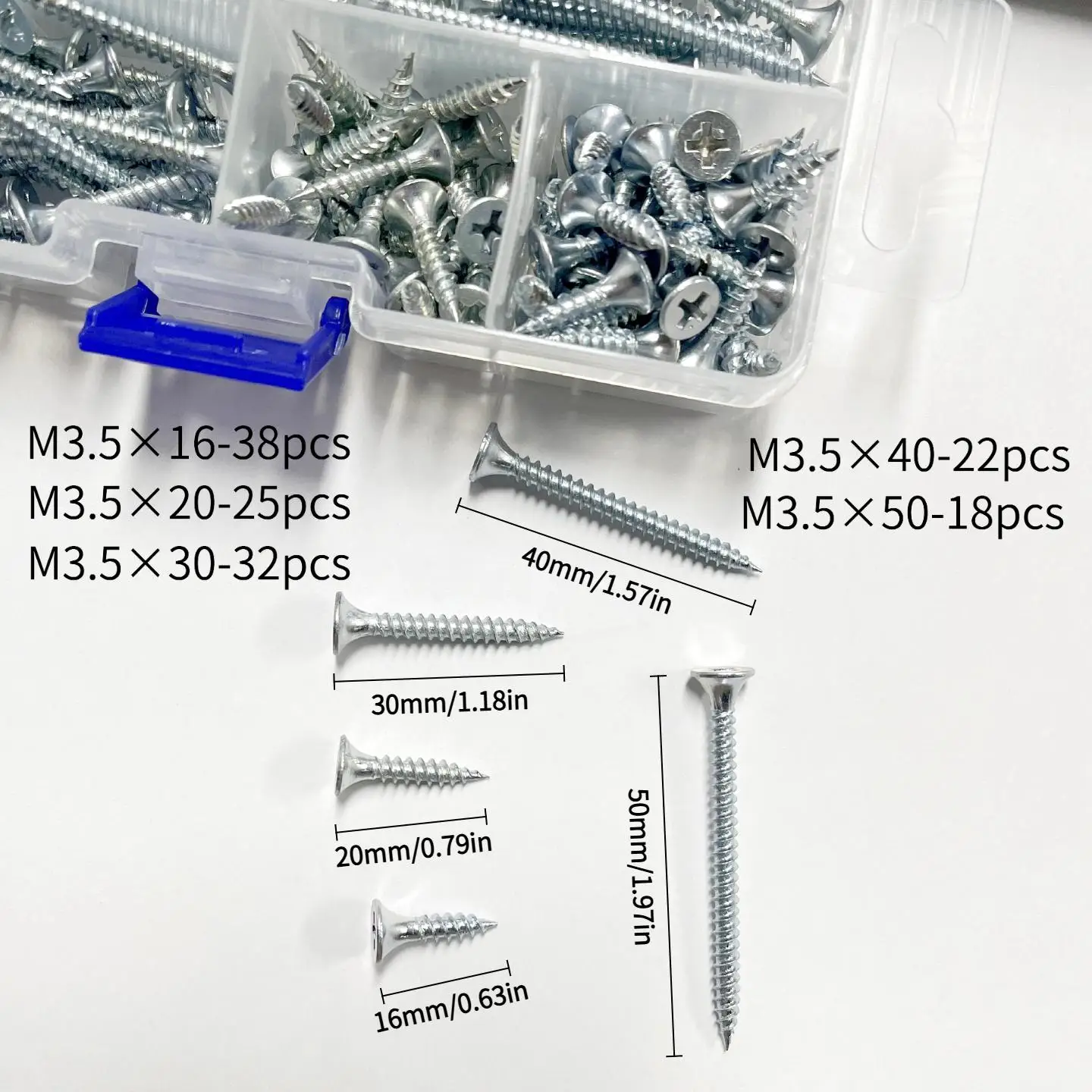 135pcs zinc-plated cross-recessed countersunk flat-head self-tapping screw combo set, wood-use Phillips furniture screws M3.5