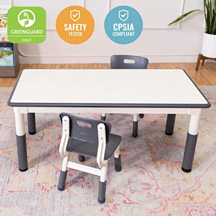 ECR4 Dry-Erase Rectangular Activity Table with 2 Chairs Adjustable Furniture Grey 3-Piece