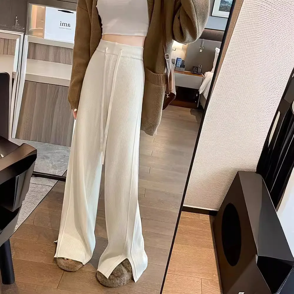 

2024 Autumn and Winter Thick Knitted Wide Leg Pants Pit Strip Drop Loose Pants Side Slit Straight Leg Casual Pants Women LJ325